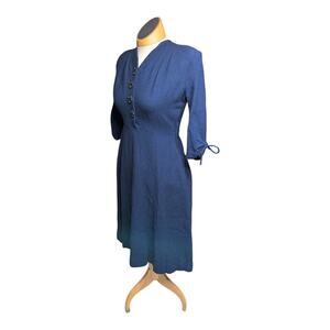 Vtg 1950s Navy Blue Wool 3/4 Sleeve Half Button Casual Knee Length Dress S 4